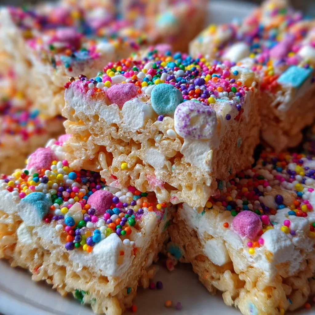 A close-up shot of a single rice crispy square showing the gooey marshmallow texture and colorful sprinkles inside.