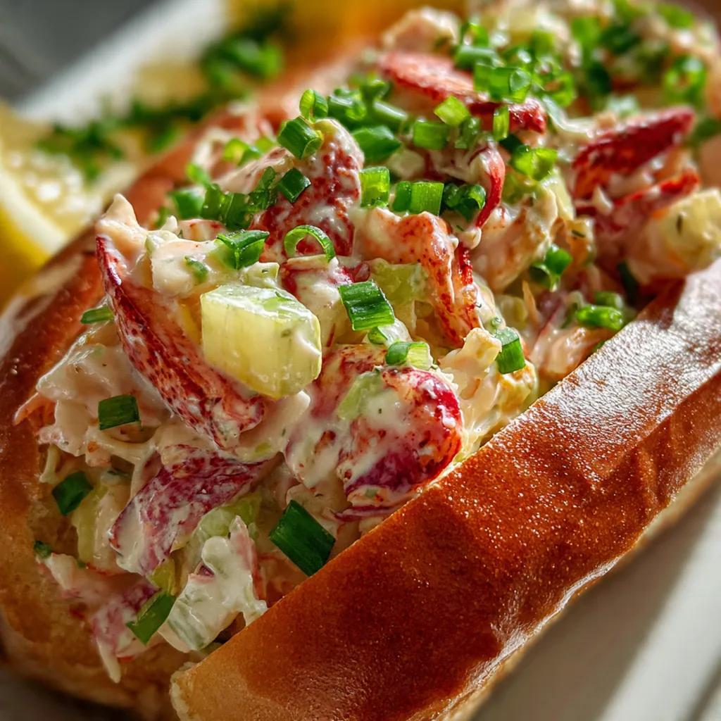 A plated lobster roll served with lemon wedges and a side of golden potato chips