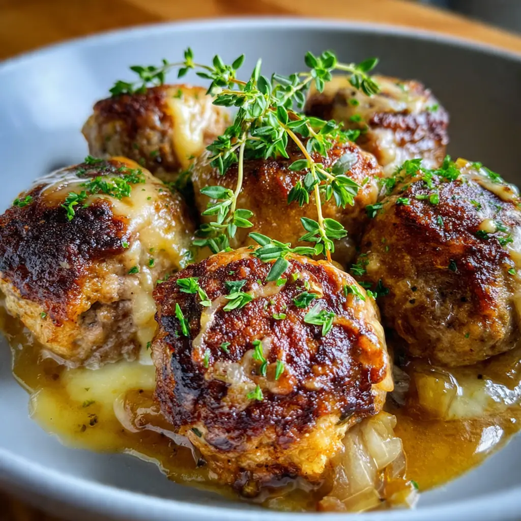 An overhead shot of a dinner plate with French onion meatballs, creamy mashed potatoes, and crusty bread for dipping
