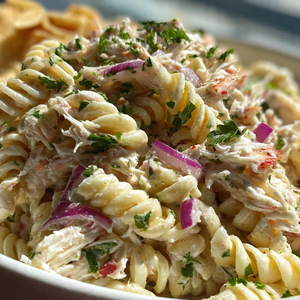 Colorful cremy crab pasta salad served on a picnic table next to lemon wedges