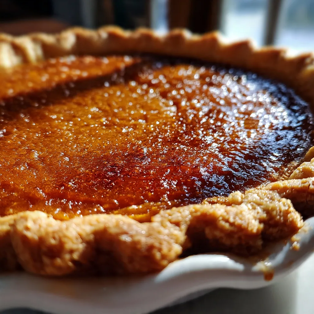 Close-up slice of sweet potato pie showing the velvety orange filling and a dollop of whipped cream