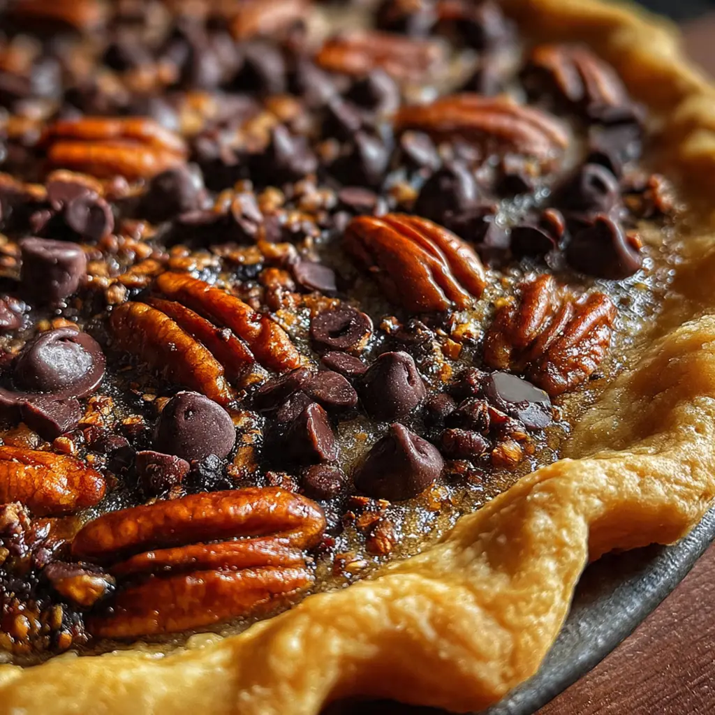 Whole Dark Chocolate Buttermilk Pecan Pie on a cooling rack with a pie server ready for slicing