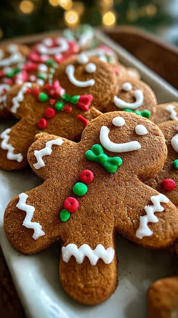 Close-up of a freshly baked gingerbread man with detailed icing buttons and a smile