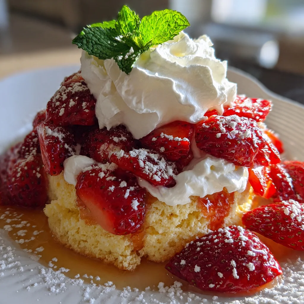 A rustic dessert plate with a generous serving of strawberry shortcake garnished with fresh mint