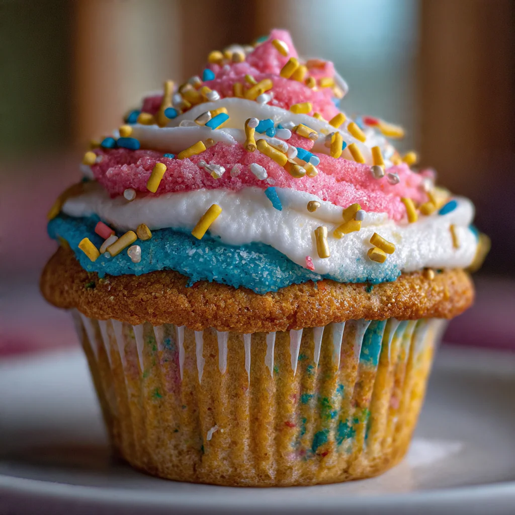 The baker's hand holding a piping bag to frost a golden-brown vanilla cupcake