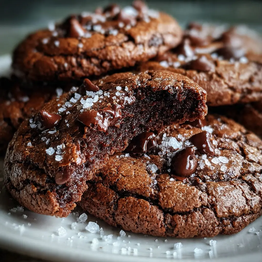 Close-up of a warm molten chocolate cookie broken open to reveal the gooey chocolate center