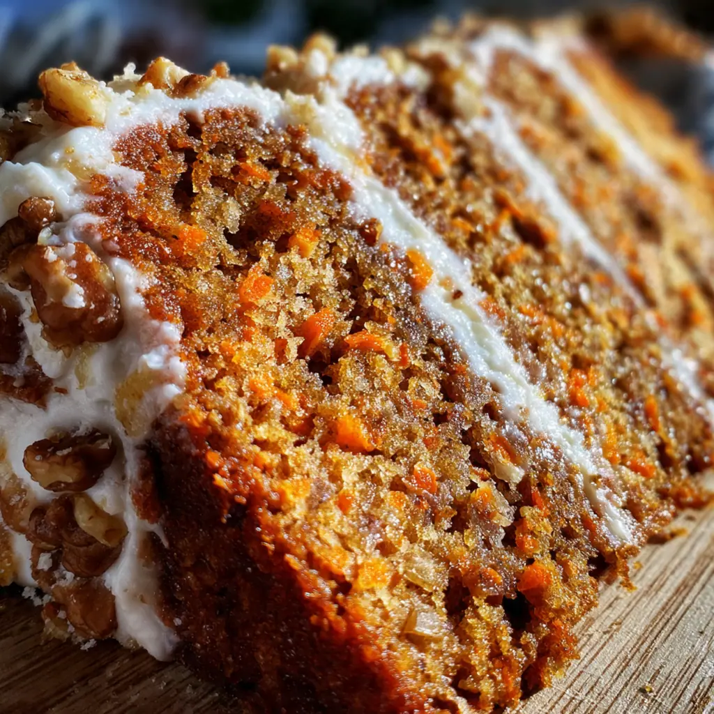 Finished carrot cake with cream cheese frosting and a decorative carrot curl on top