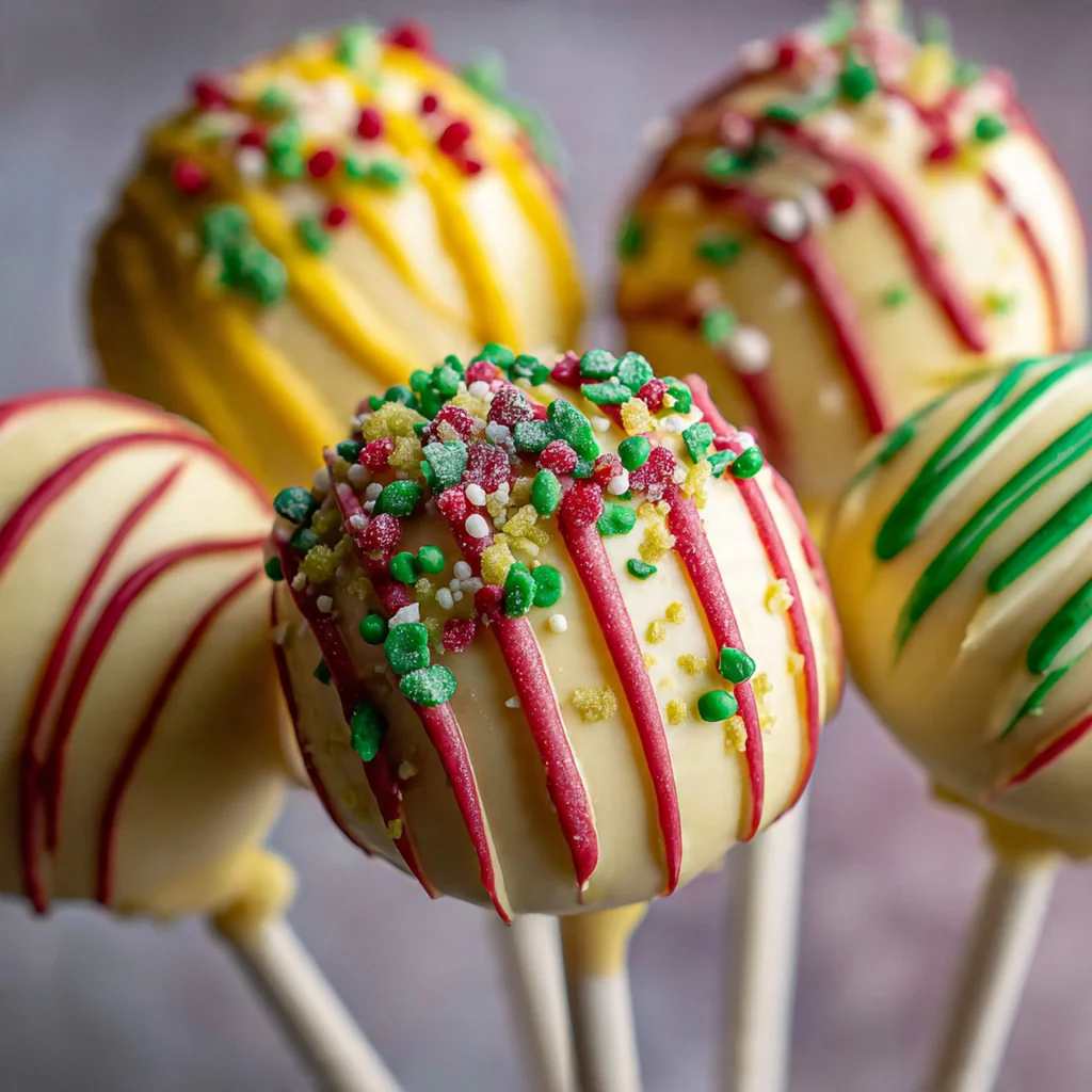Close-up of a hand holding a perfectly round Christmas cake pop decorated with crushed candy canes