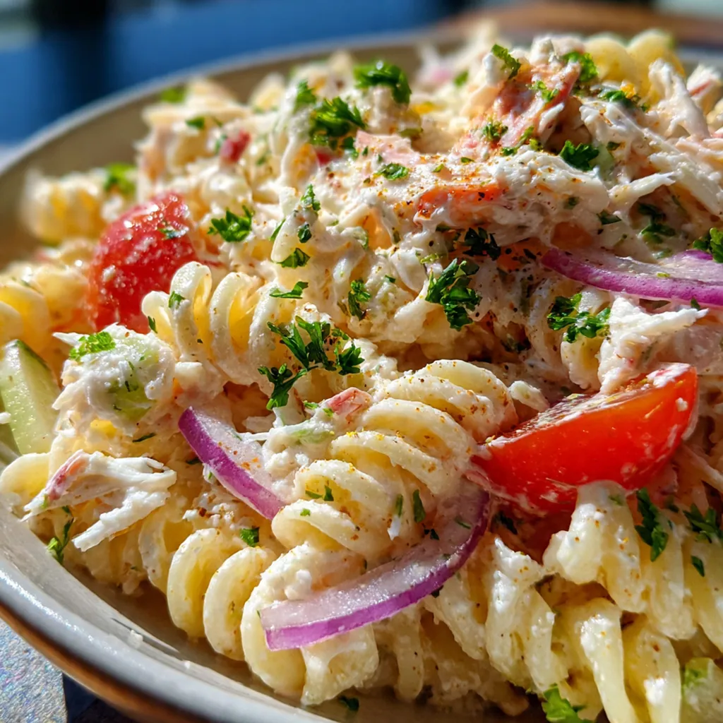 Overhead shot of a generous serving of crab pasta salad in a white bowl with a fork