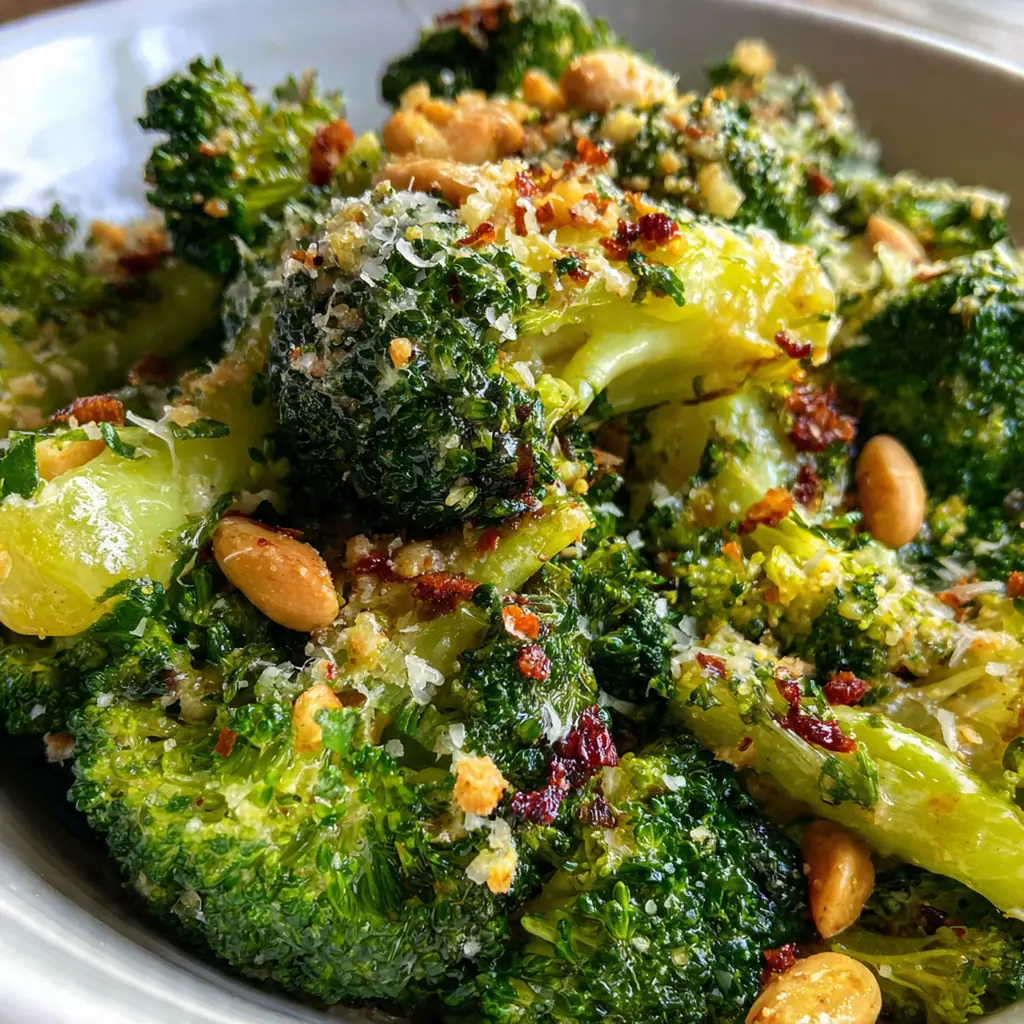 Close-up of glossy broccoli florets coated in aromatic sauce with minced garlic and ginger