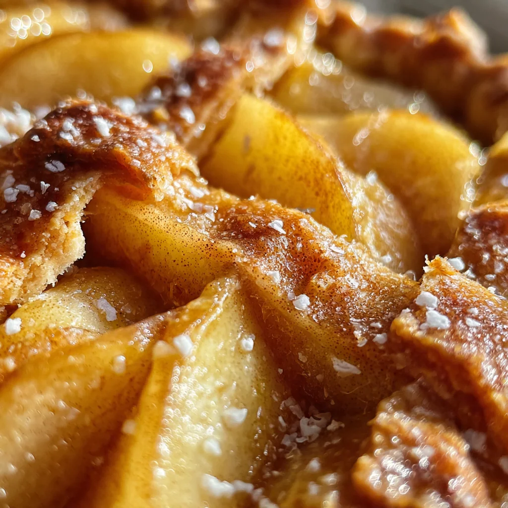 Close-up slice of pear pie showing the tender spiced pear filling and buttery crust