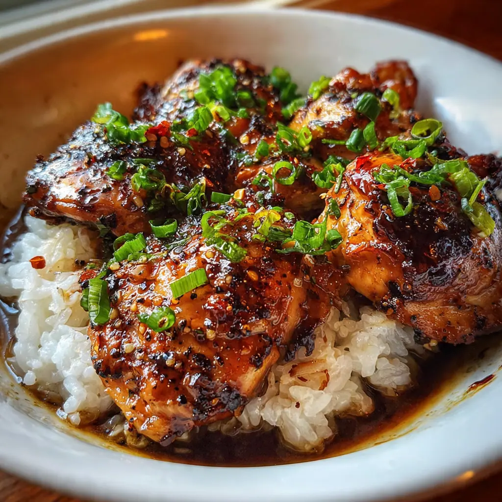 Close-up of a fork pulling apart juicy honey garlic chicken coated in rich sauce