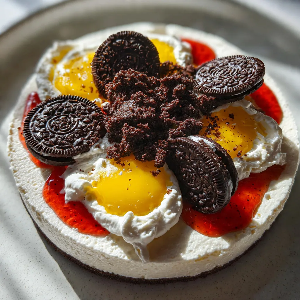 A perfect slice of creamy cookies and cream cheesecake on a white plate, showing off the Oreo-studded filling.