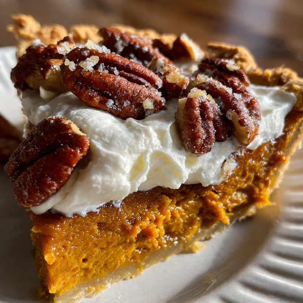 Close-up slice of pumpkin pie showing the creamy spiced filling and crunchy pecan topping with whipped cream