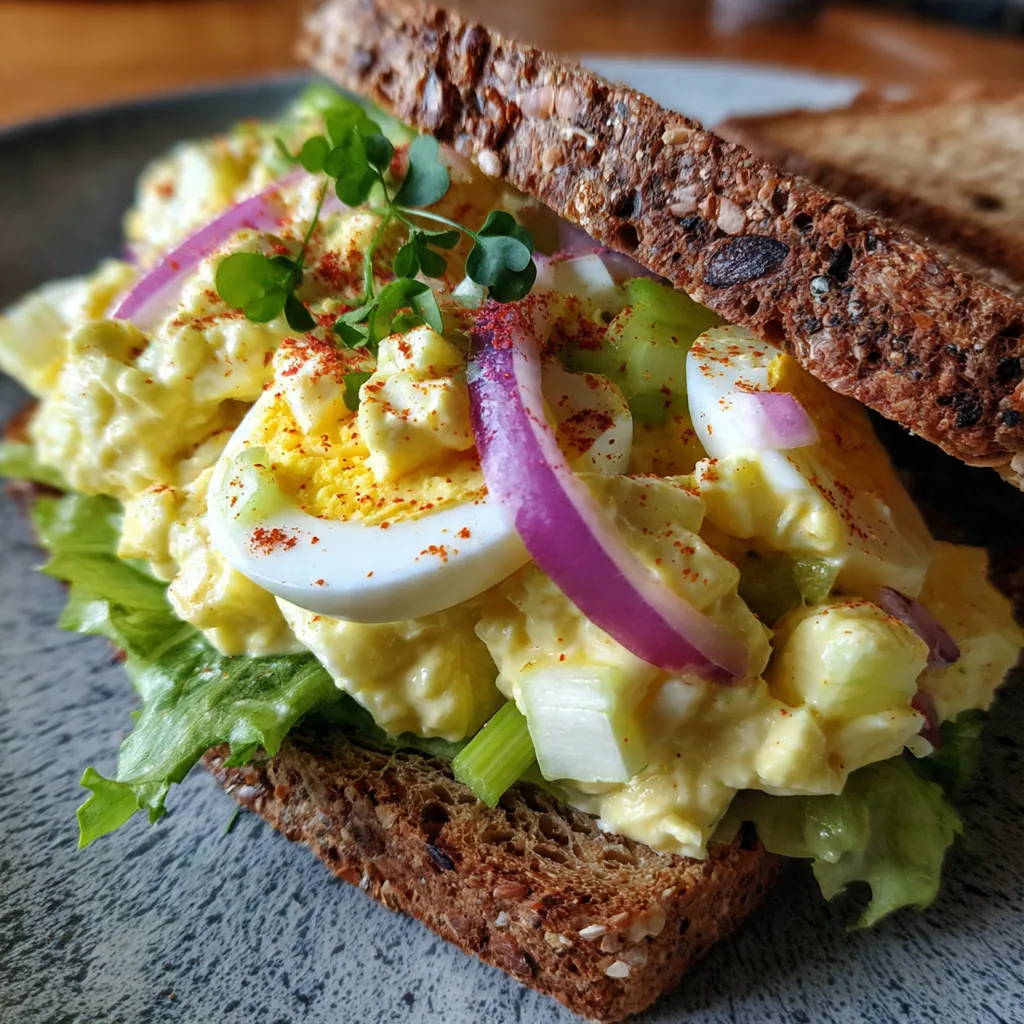 Close-up of an egg salad sandwich on toasted bread with lettuce and tomato