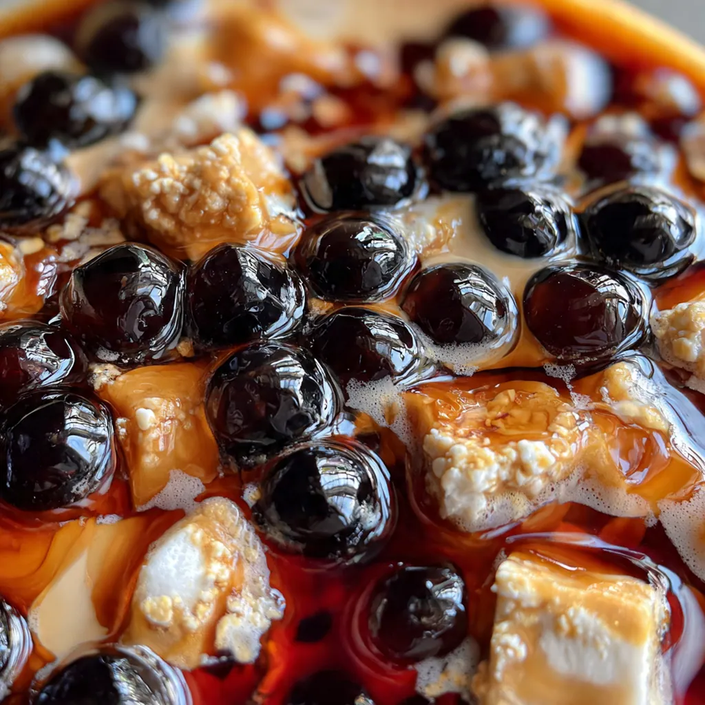 Close-up of glossy brown sugar coated tapioca pearls in a small saucepan