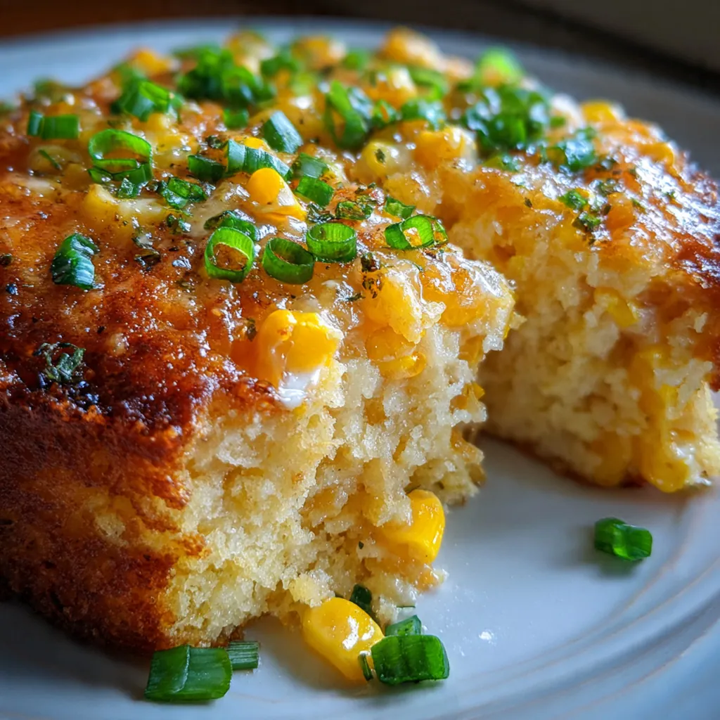 Close-up of a serving spoon dipping into the creamy casserole showing corn and cheese