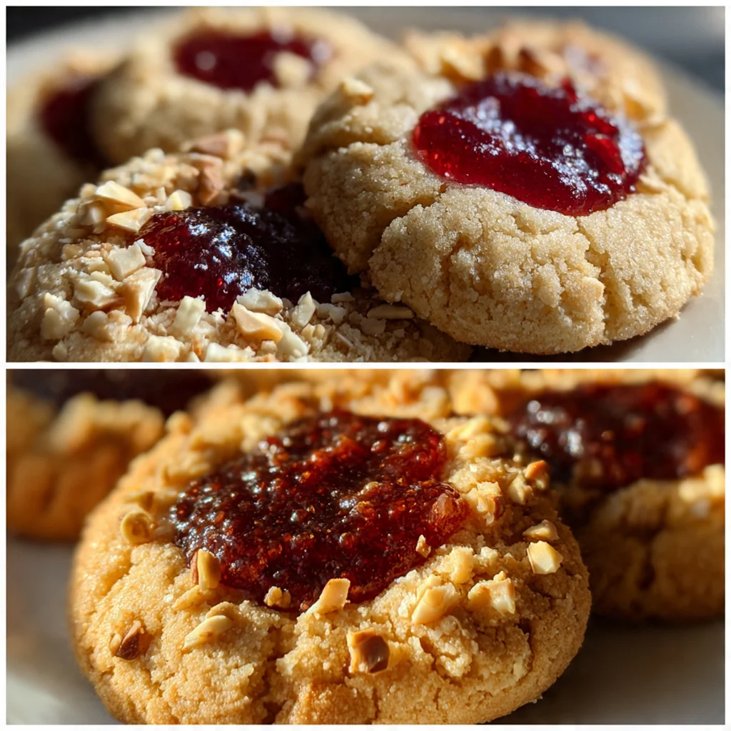 Overhead view of freshly baked thumbprint cookies with walnut coatings cooling on a wire rack next to a jar of jam