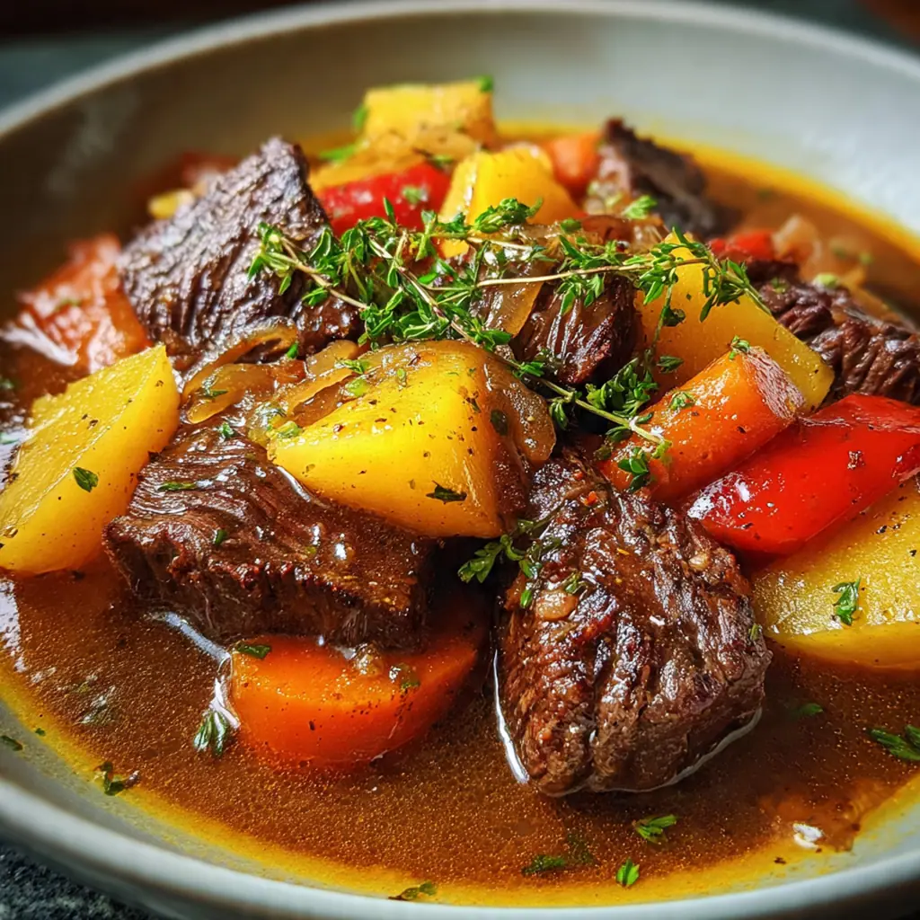 A hearty bowl of beef stew with carrots, potatoes, and celery, garnished with fresh parsley