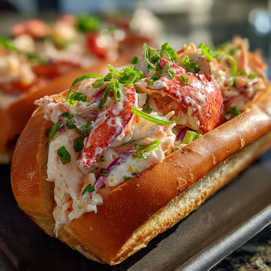 Close-up of sweet lobster meat mixed with mayonnaise, celery, and chives in a mixing bowl