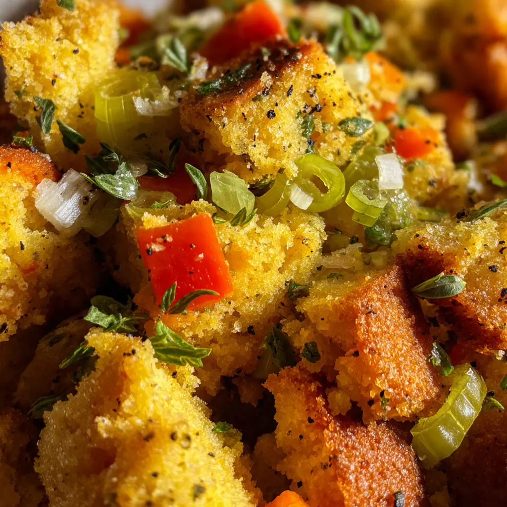 A festive holiday plate with sliced turkey, gravy, and a generous serving of Grandma's Cornbread Dressing
