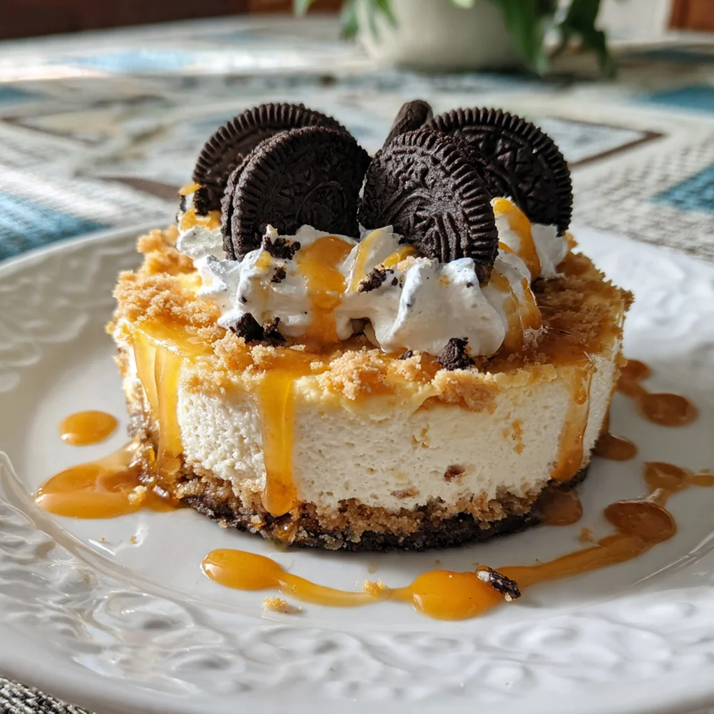 Close-up overhead shot of the rich cheesecake batter filled with large, tempting chunks of Oreo cookies.
