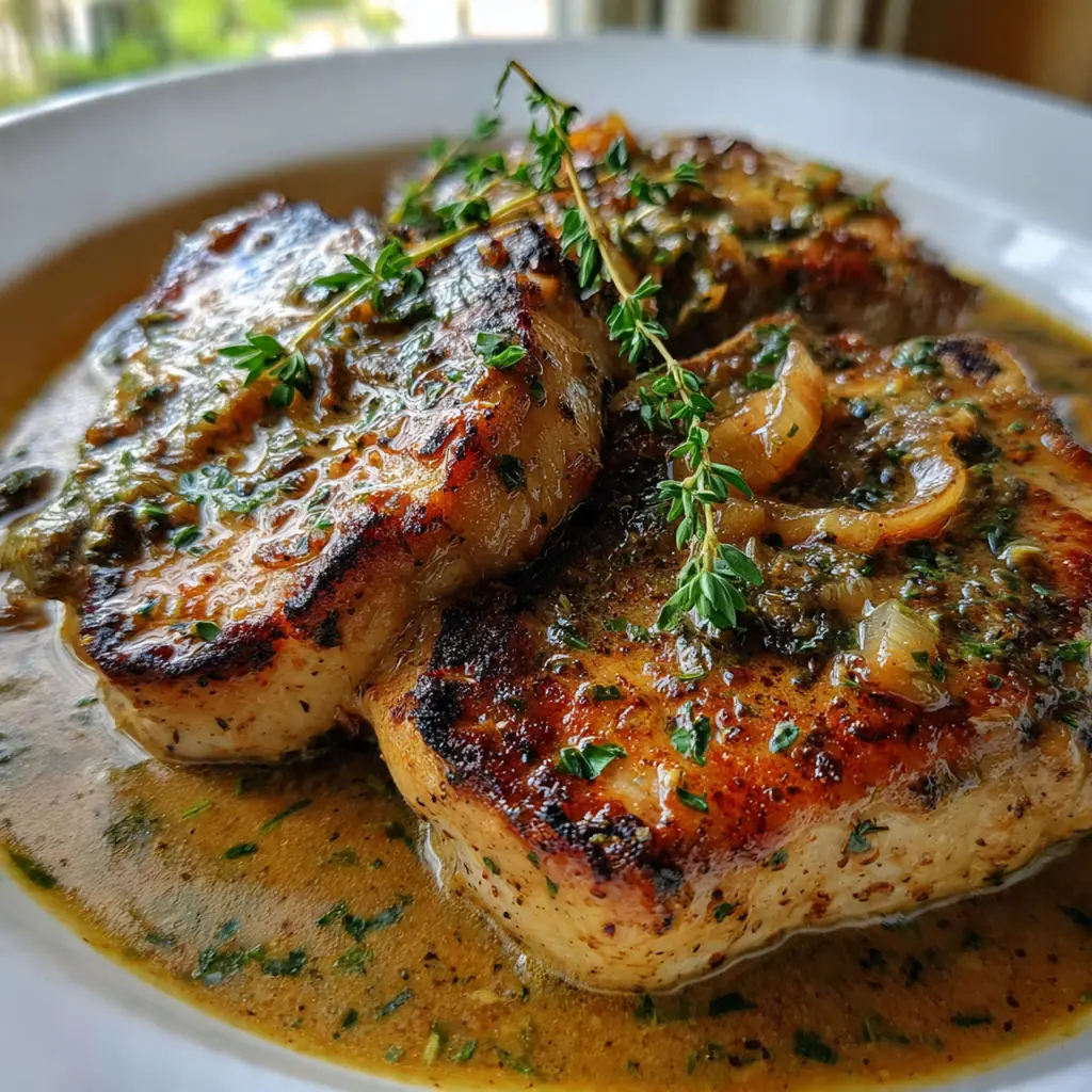 Close-up of a juicy pork chop with cracked pepper and herbs, covered in glossy gravy