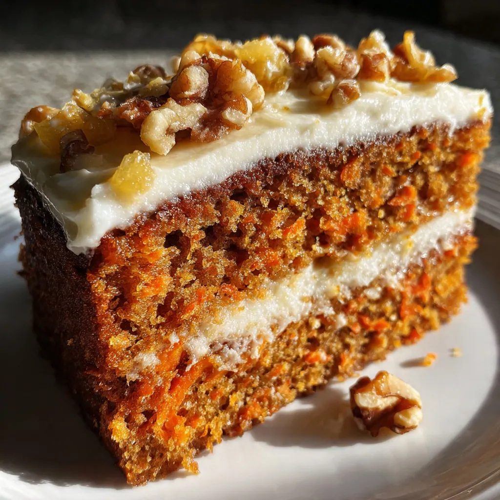 A classic carrot cake with thick cream cheese frosting and chopped walnuts on a rustic stand