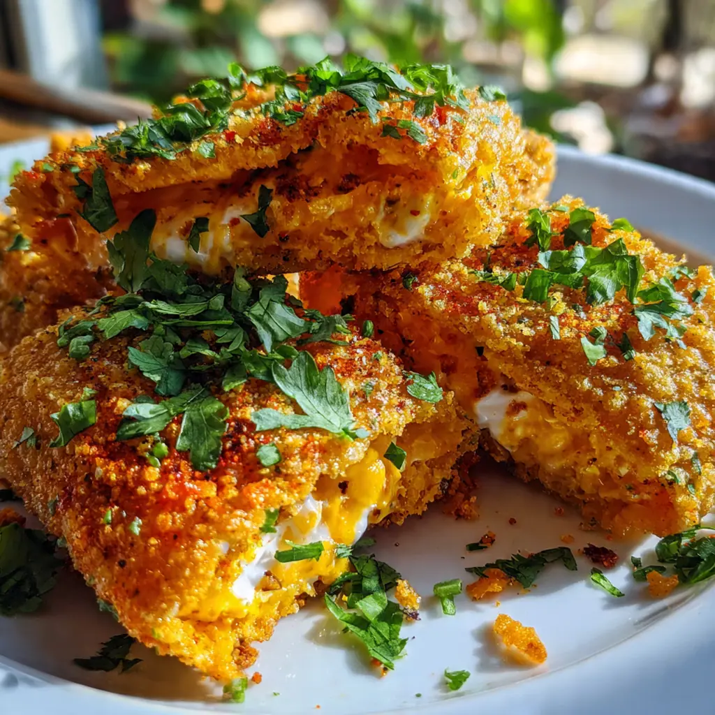 A close-up of golden brown fried cheese stuffed Doritos on a rustic wooden board