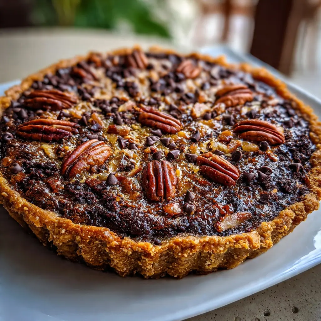 A slice of dark chocolate pecan pie with glossy filling and toasted pecans on a flaky crust