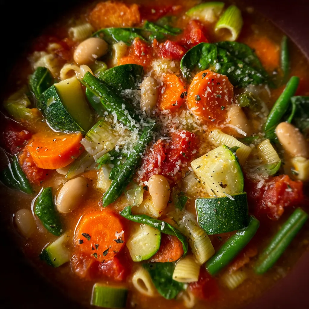 A steaming bowl of classic minestrone soup filled with carrots, beans, pasta and spinach