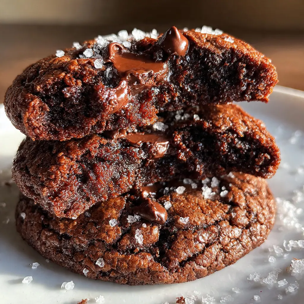 Freshly baked molten chocolate cookies with crackled powdered sugar tops and pools of melted chocolate