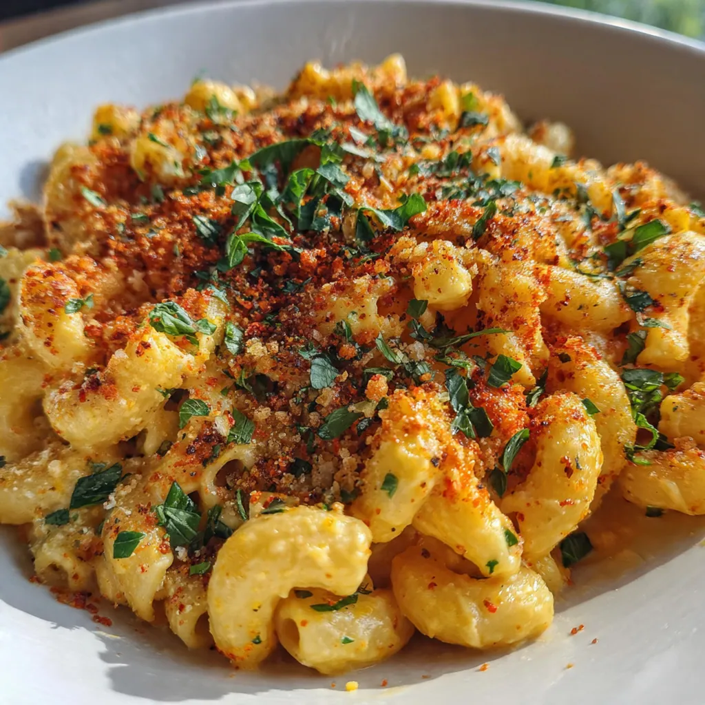 A cast iron skillet filled with golden baked macaroni and cheese, bubbling at the edges with a crispy topping