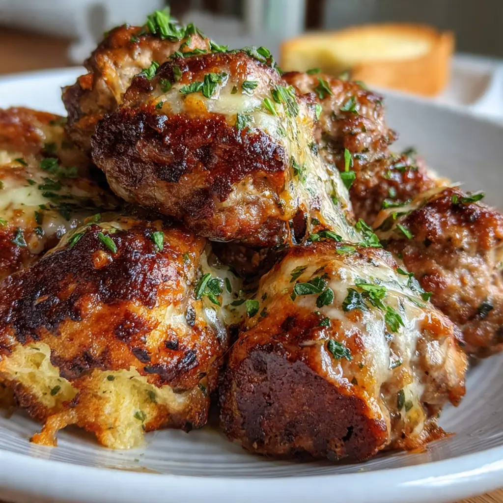 A cast iron skillet full of golden brown meatballs smothered in caramelized onion sauce and melted Gruyère cheese