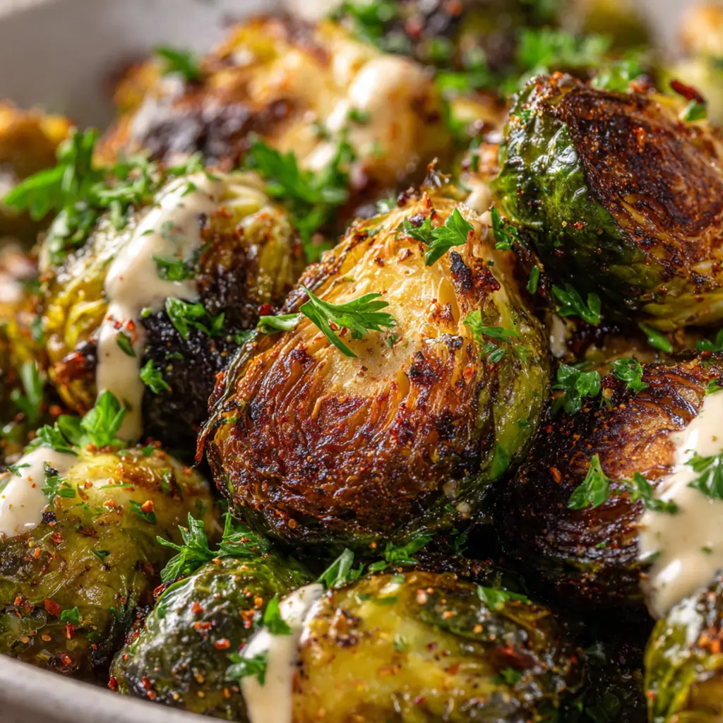 Air Fryer Roasted Brussels Sprouts with Maple-Mustard Mayo