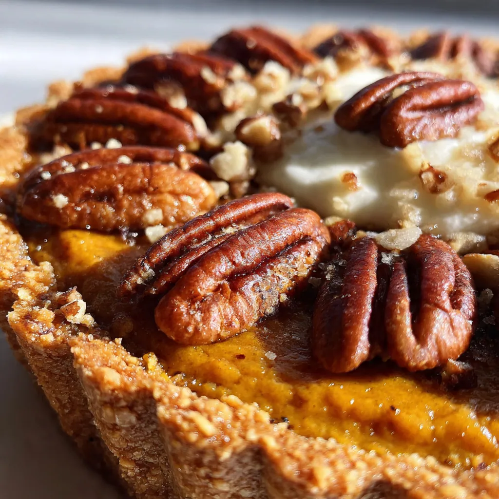 A festive pumpkin pie with a golden brown pecan streusel topping, fresh from the oven on a rustic table