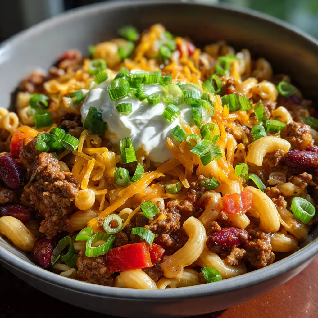 A large pot of hearty chili mac with melted cheddar cheese and steam rising