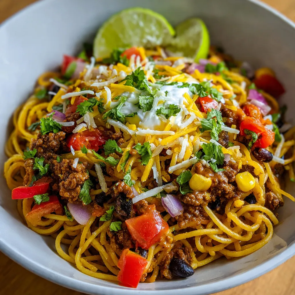 A skillet of taco spaghetti with melted cheese bubbling over the top, garnished with fresh cilantro