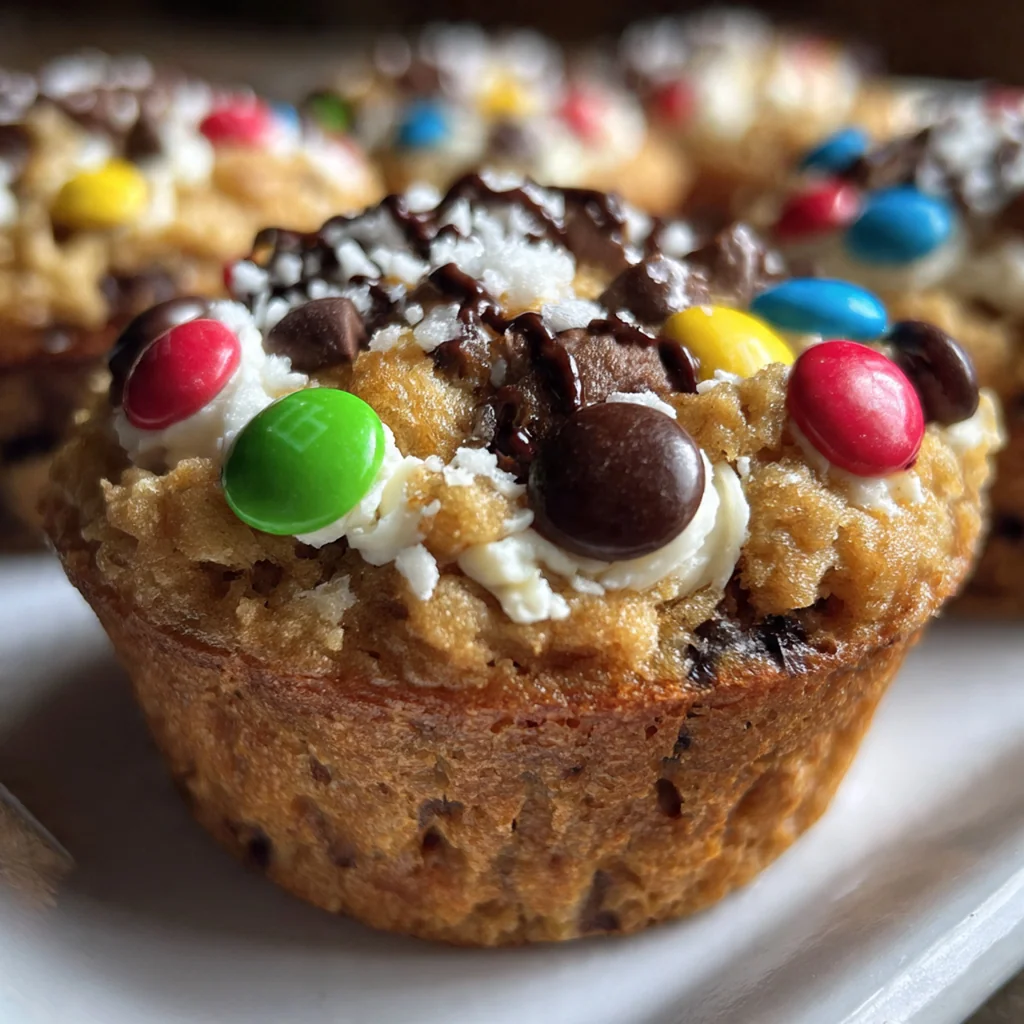 A dozen monster cookie dough cupcakes with fluffy peanut butter frosting and colorful M&M's on top