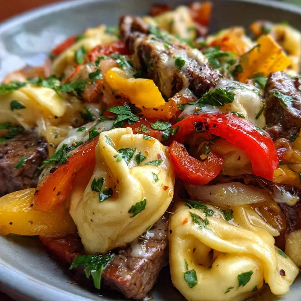 Close-up of creamy cheese tortellini mixed with thinly sliced steak and peppers