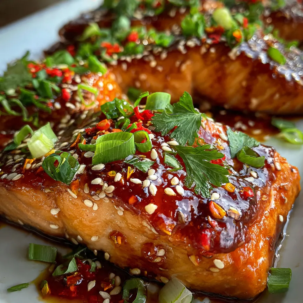 Overhead shot of raw salmon fillets being brushed with glossy red sweet chili sauce on a baking sheet
