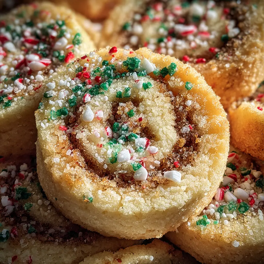 Close-up of a buttery pinwheel cookie showing perfect swirl patterns and a sprinkle of sugar