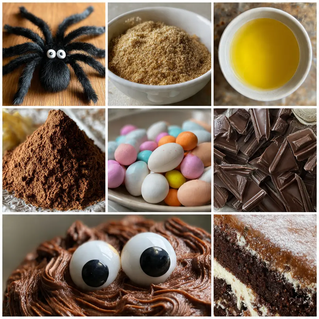 Close-up slice showing moist chocolate layers and licorice spider legs