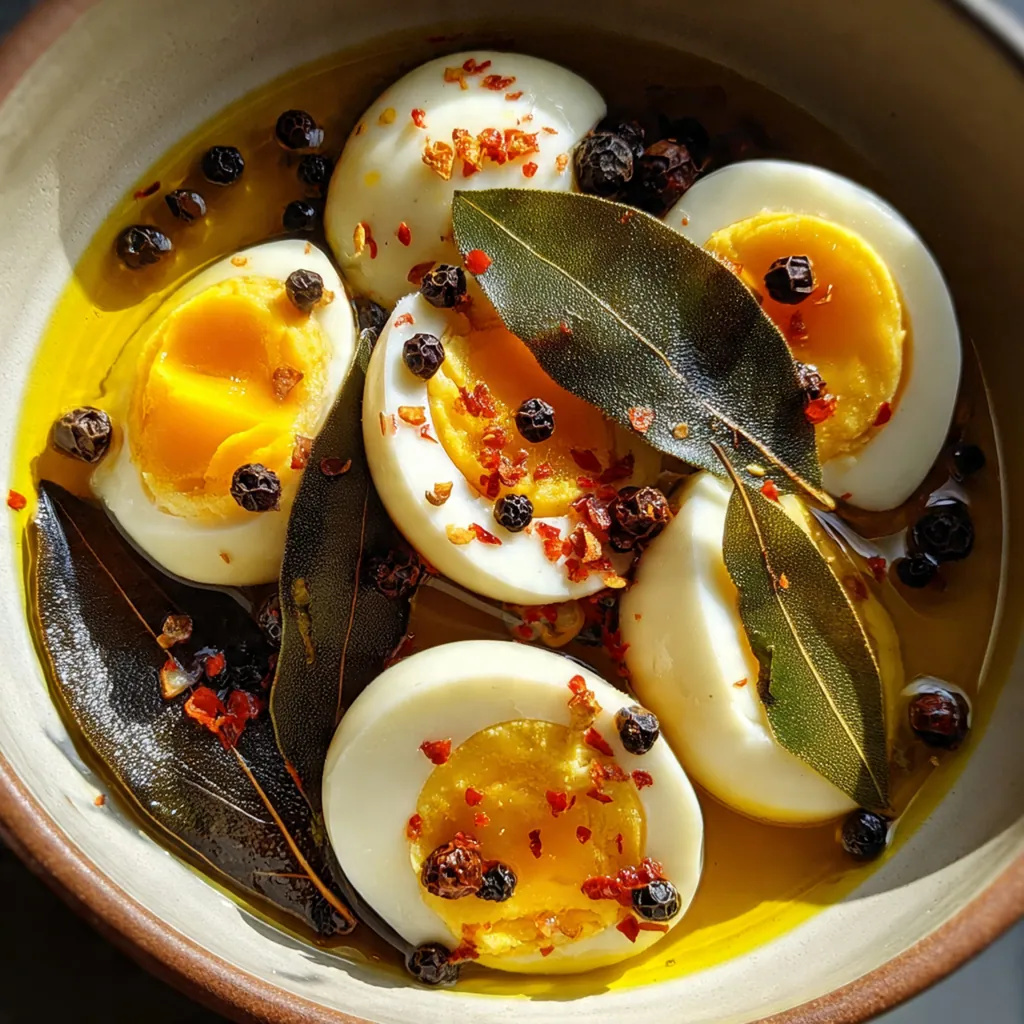 Close-up shot of a halved mustard pickled egg showing the bright yellow interior and textured yolk.