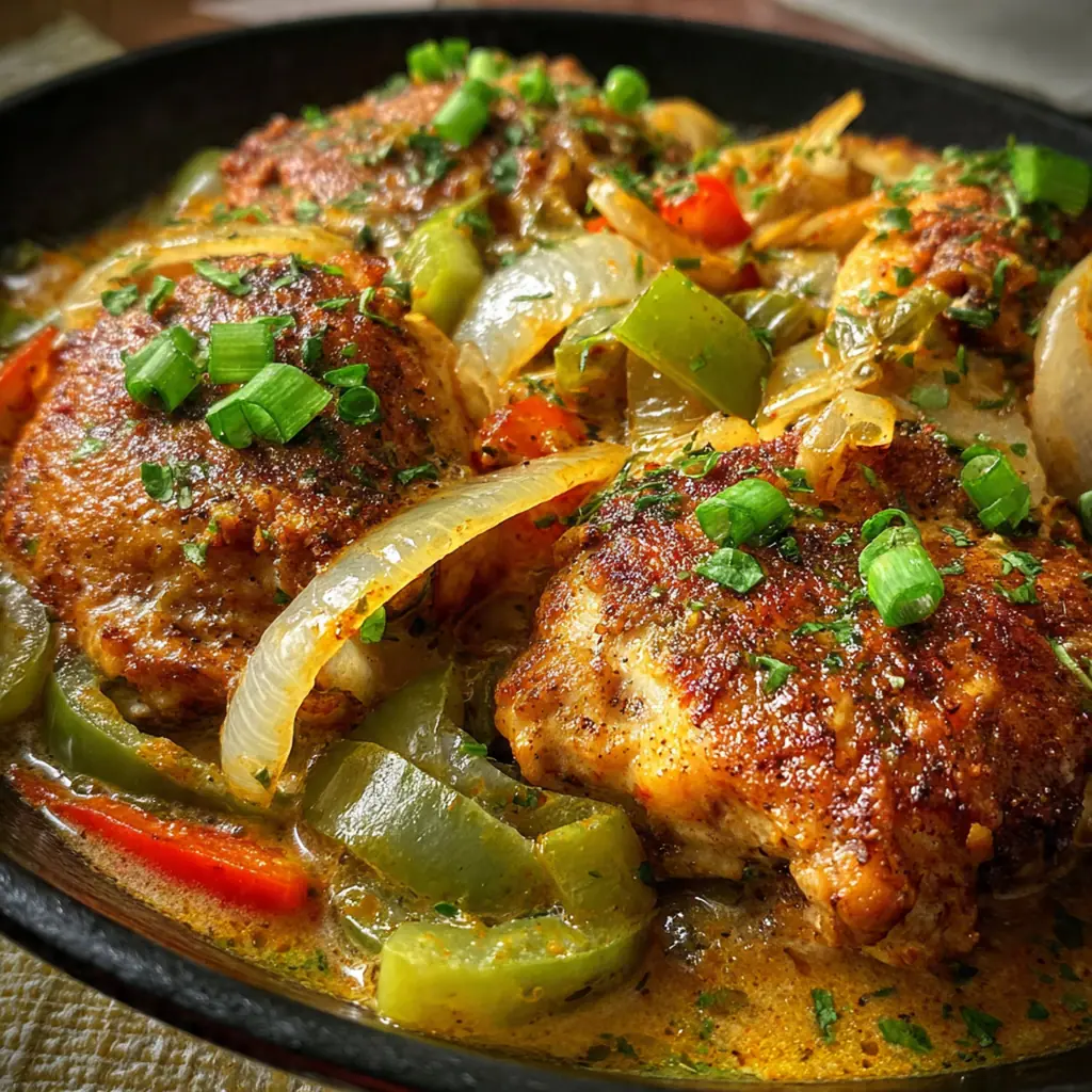 A comforting plate of Southern smothered chicken served over fluffy white rice with a garnish of fresh parsley