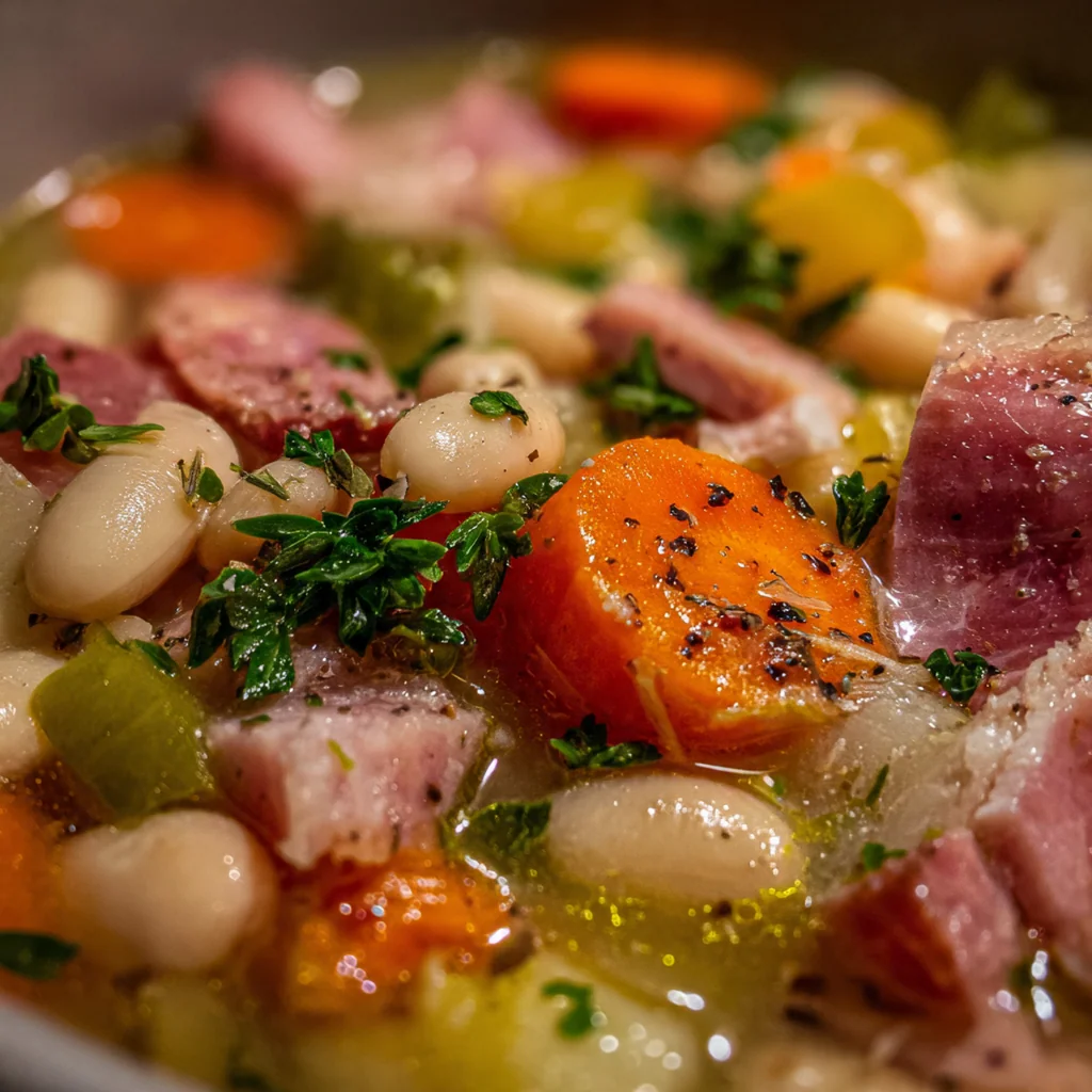 Close-up of a spoon dipping into a rustic pot of ham and bean soup, showing the rich, creamy broth