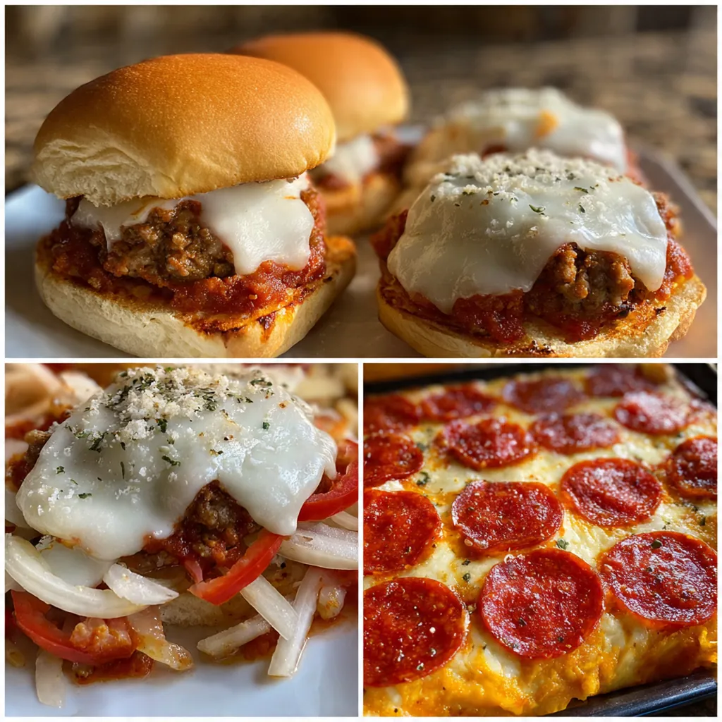 Saucy pepperoni and ground beef mixture being spooned onto a buttery hamburger bun