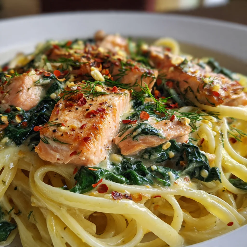 A beautifully plated bowl of creamy salmon pasta garnished with lemon wedges and a sprig of dill