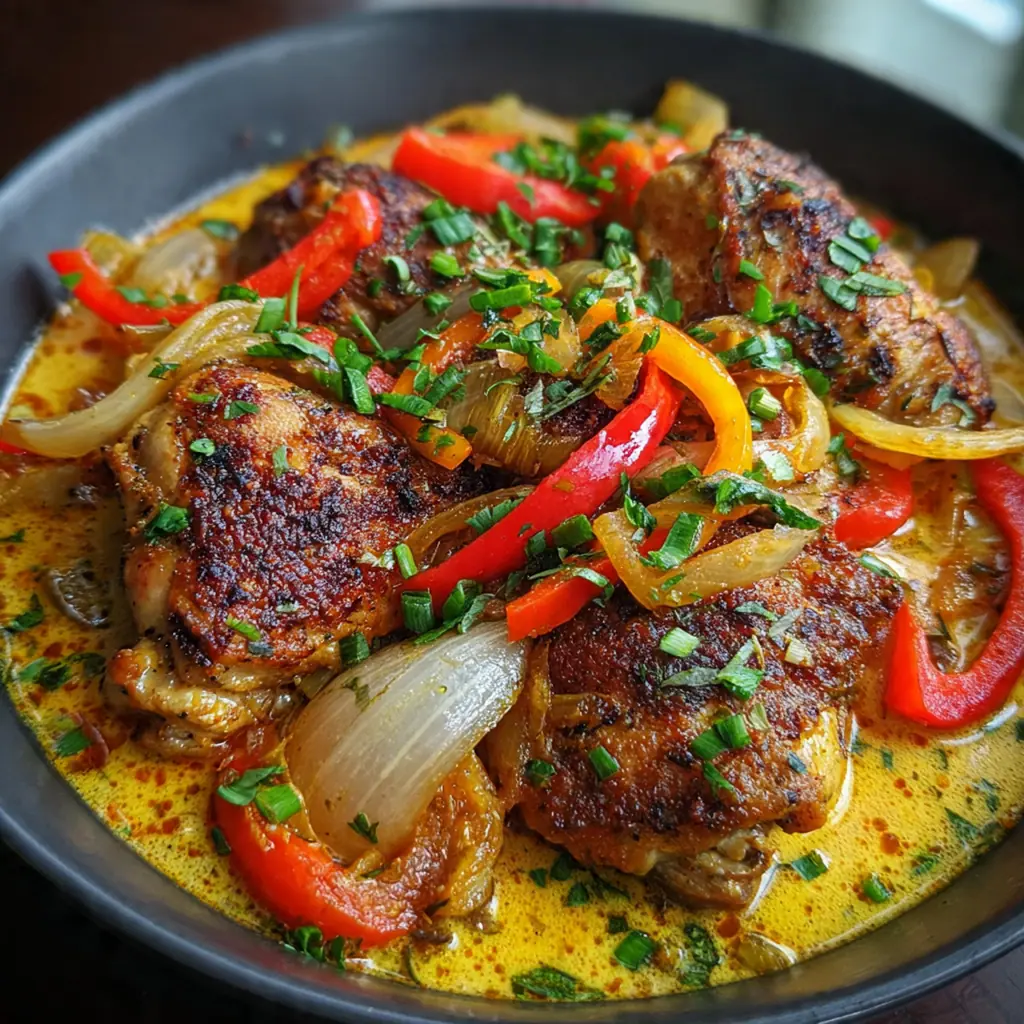 Close-up of tender chicken thigh smothered in savory gravy with caramelized onions and peppers