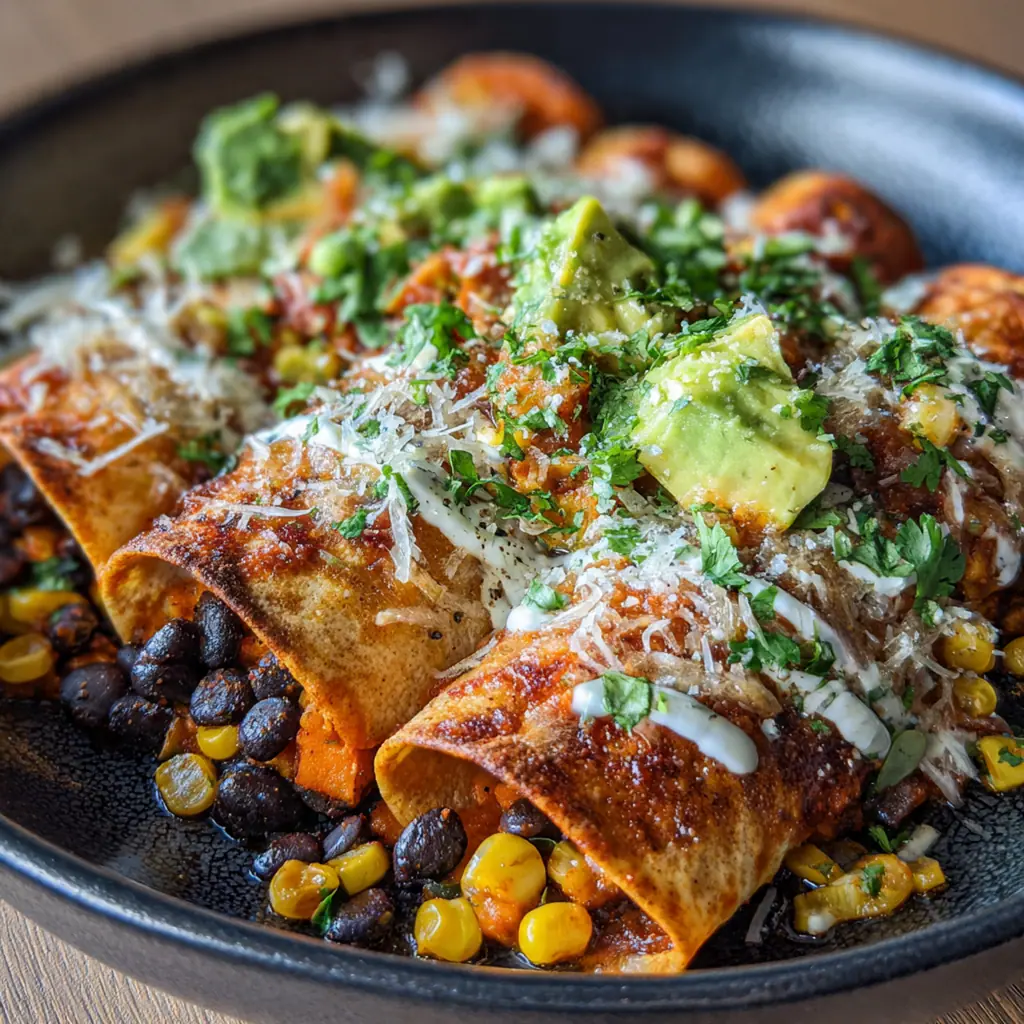Close-up of a single enchilada with filling spilling out, topped with fresh cilantro and avocado
